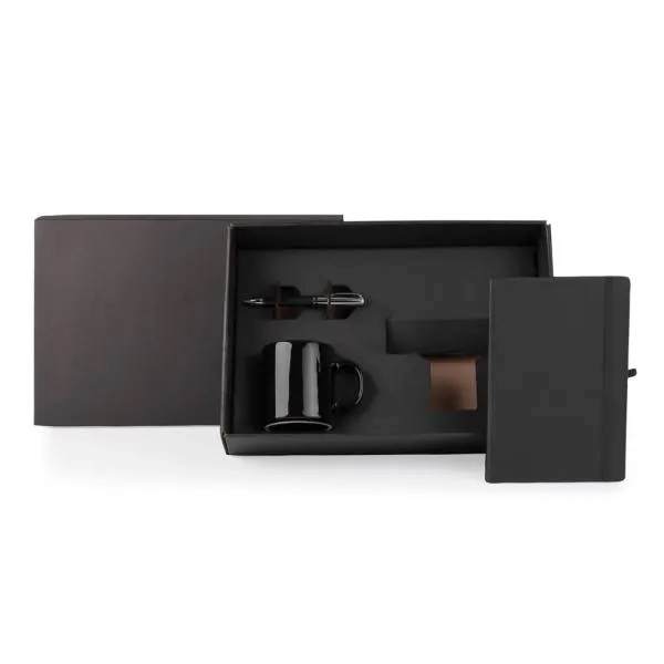 Kit Corporativo com Caderneta, Caneta e Caneca de Cerâmica em Caixa Preta