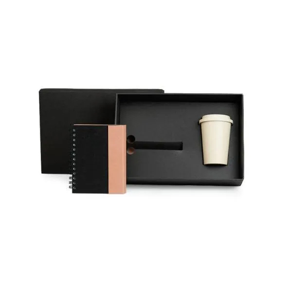 Kit Corporativo com Caderno, Caneta e Copo em Bambu em Caixa Preta