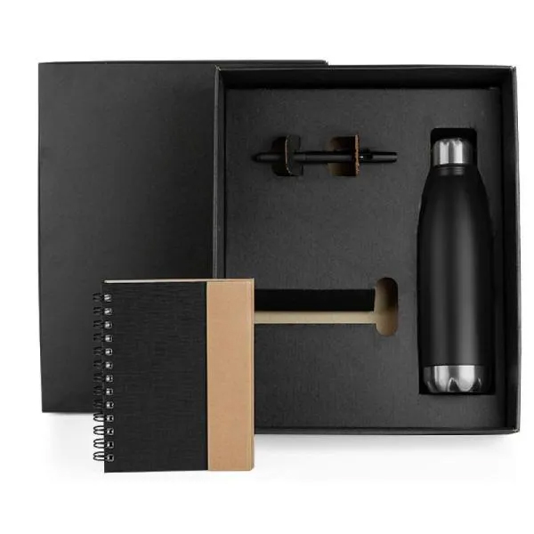 Kit Corporativo com Caderno, Caneta e Garrafa em Aço Inox em Caixa Preta