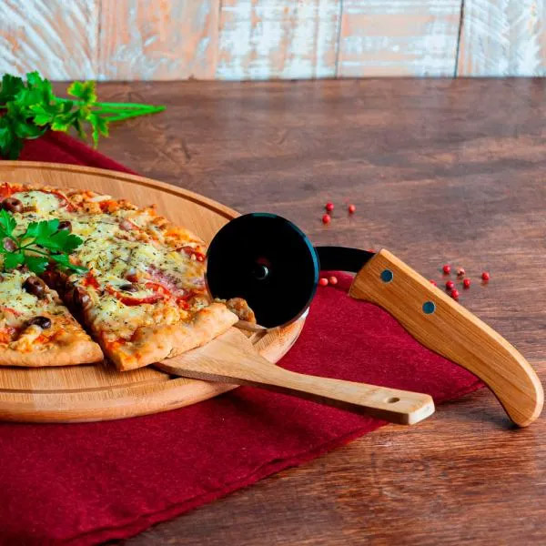 Conjunto para Pizza em Bambu 35cm em Caixa Preta Formato Pizzaria - 3 peças