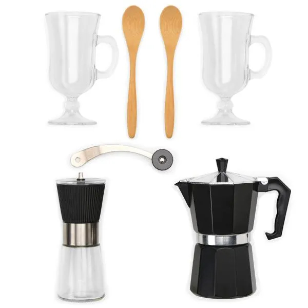 Kit para Café com Cafeteira Italiana, Moedor, Canecas em Vidro e Colheres - 6 Peças