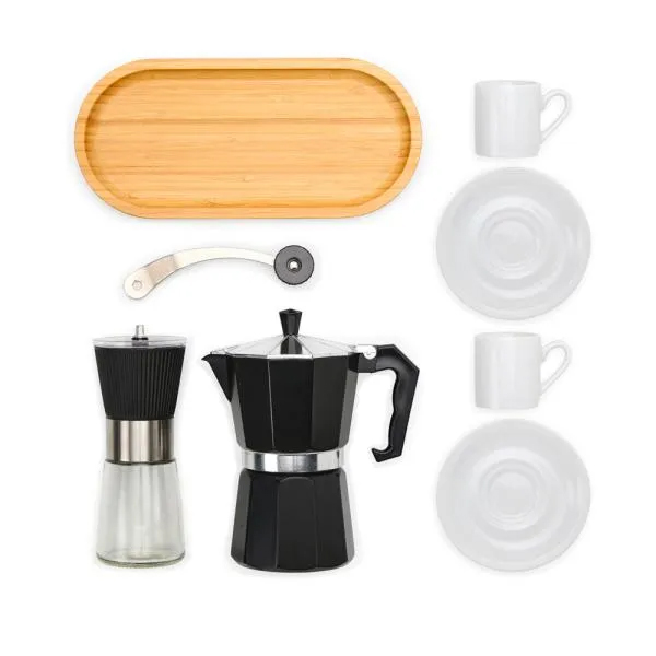 Kit para Café com Cafeteira Italiana, Moedor, Jogo de Xícaras e Bandeja - 7 Peças