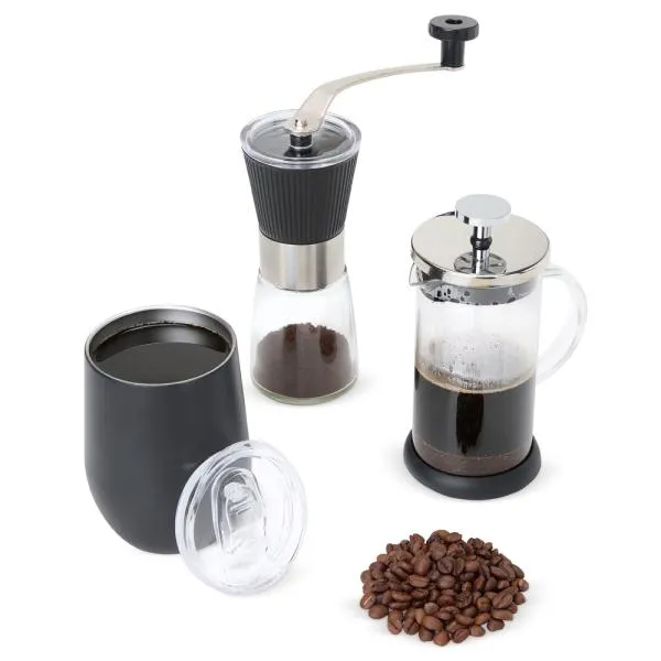 Kit para Café com Copo Térmico, Cafeteira Prensa Francesa e Moedor para Café em Caixa Preta - 3 Pçs